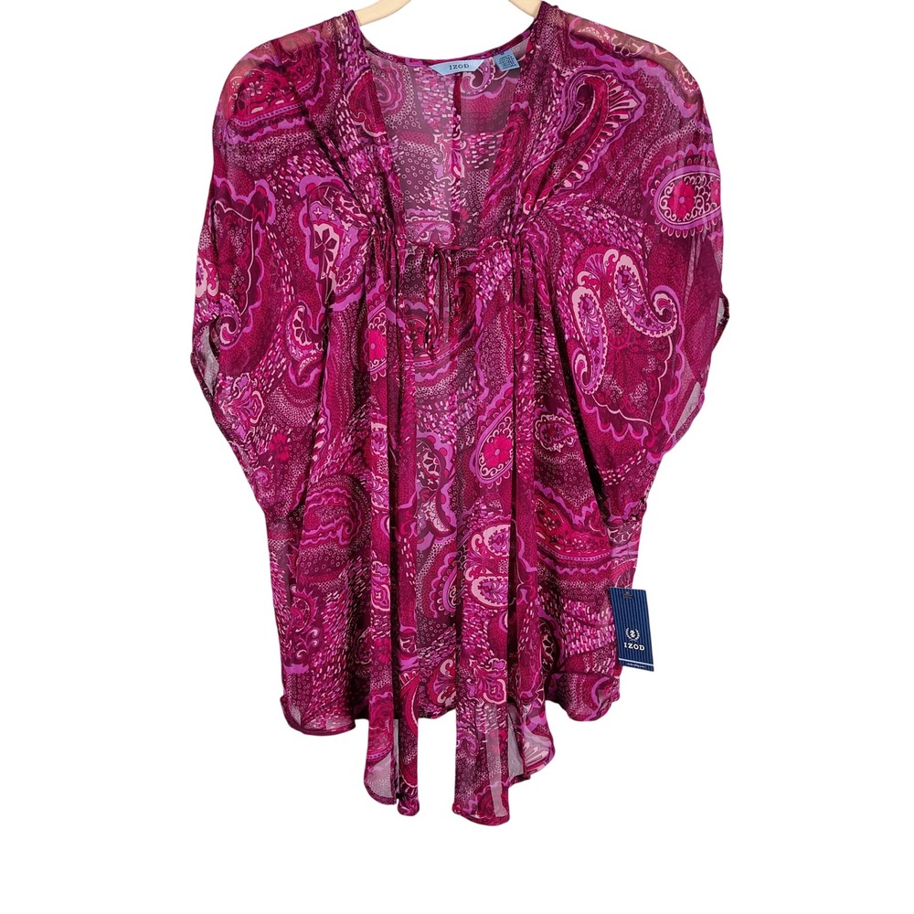 NWT IZOD Womens M Paisley Sheer Kaftan Top Purple Boho Fairycore Ethereal